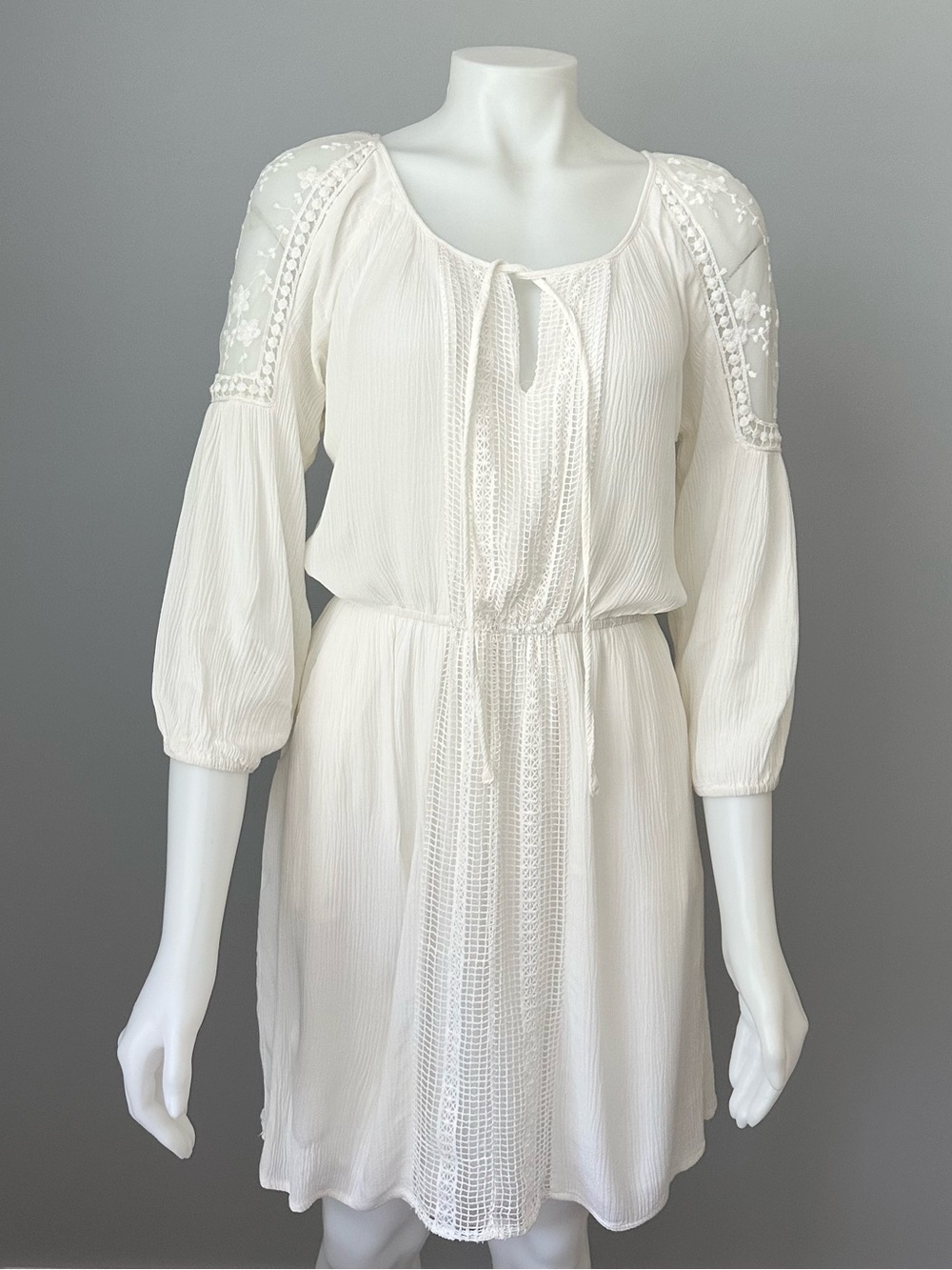 White Embroidered Sundress With Sheer 3/4 Sleeve Floral Cut Out - Euro Summer